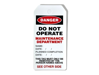 Pre Printed 'Maintenance Department' Lockout Tags